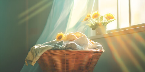 Sunlit Laundry Basket with Colorful Clothes in Cozy Room Interior

