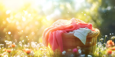 Sunlit Laundry Basket with Colorful Clothes in Cozy Room Interior

