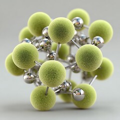 Molecular Model Featuring Green Fuzzy Spheres and Reflective Silver Spheres Connected by Rods on Gray Background