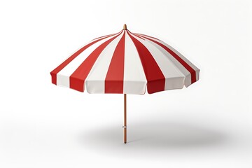 Open Red and White Striped Beach Umbrella with Wooden Pole Against a White Background