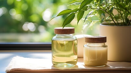 Organic Oil and Cream Jars with Wooden Lids and Plant on a Table