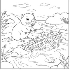 A cartoon beaver builds a dam in a flowing river, placing sticks carefully amidst a scenic forest landscape. © bima