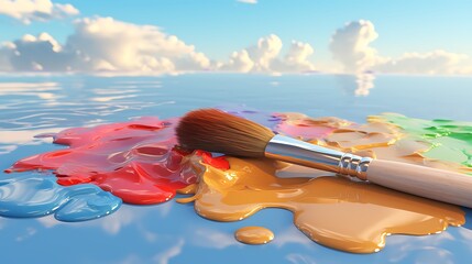 Paintbrush Resting on Rainbow Paint Swirls with Dreamy Sky Reflection Background Art