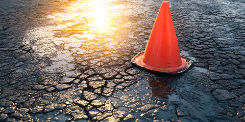 Orange Traffic Cone on Wet Asphalt with Sunset Light
