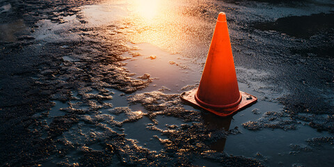 Orange Traffic Cone on Wet Asphalt with Sunset Light
