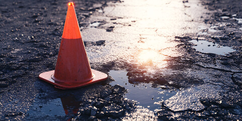Orange Traffic Cone on Wet Asphalt with Sunset Light – Urban Safety Concept