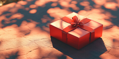Red Gift Box with Ribbon in Warm Sunlight