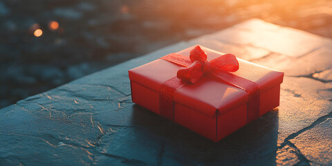 Red Gift Box with Ribbon in Warm Sunlight
