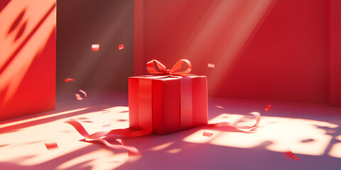 Red Gift Box with Ribbon in Warm Sunlight