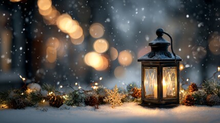 Christmas banner with vintage lantern and garland glowing on snowy ground with bokeh lights in winter, with copy space 