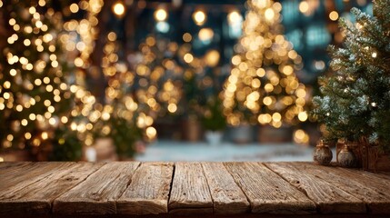 Christmas banner with copy space and cozy empty wooden table with Christmas tree lights in festive setting  
