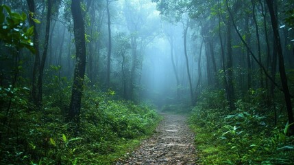 Obraz premium In the misty forest, dense trees stand quietly, while mist lingers in the air, evoking a peaceful, tranquil mood.