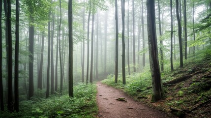 Obraz premium In the misty forest, dense trees stand quietly, while mist lingers in the air, evoking a peaceful, tranquil mood.