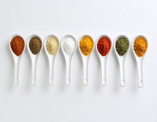 Variety of spices in white ceramic spoons on white background