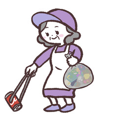 ゴミ拾いをするシニア女性のイラスト