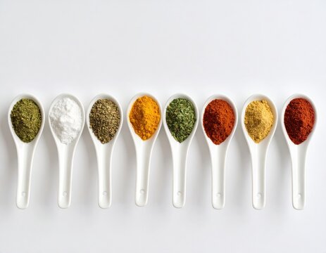 Assortment of spices in white ceramic spoons on white background