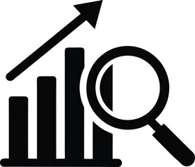 Rising arrow chart with magnifying glass, growth analytics search icon.