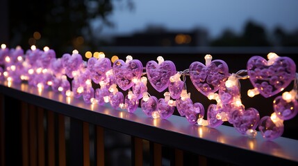 Romantic Purple Heart String Lights on Balcony Railing at Night, Valentines Decor