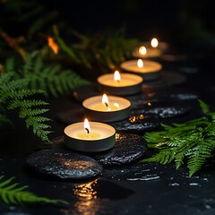 Row of Tea Light Candles Burning on Black Stones Surrounded by Fern Leaves for Meditation