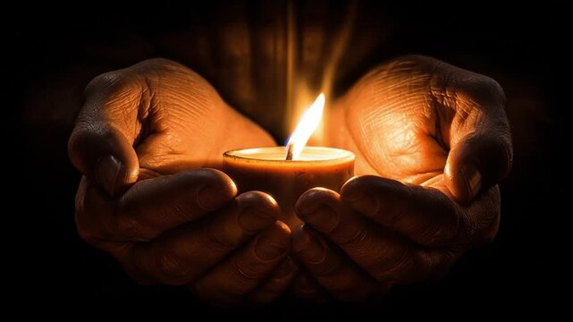Hands cupping a single burning candle in the dark.
