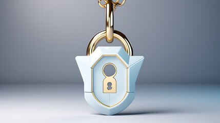 Shield Shaped Security Padlock with Golden Chain Against Subtle Grey Background Design