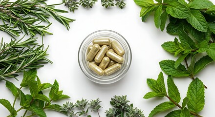 A top-down view of herbal capsules surrounded by fresh green herbs.