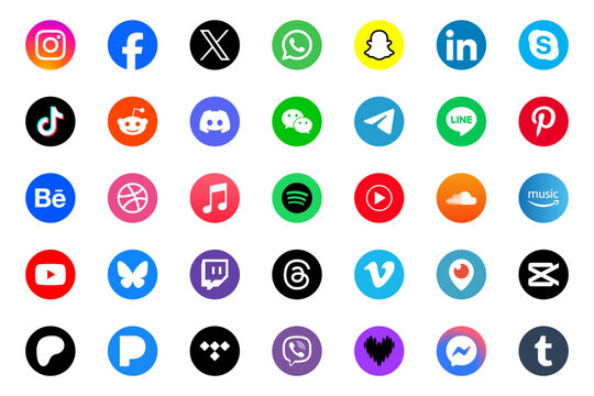 Vector isolated Social Media icon set including Deezer, capcut, tidal, viber, line, pandora, soundcloud, amazon music, apple itunes, bluesky, periscope, patreon, youtube music, etc.