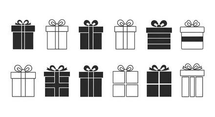 プレゼントボックスのアイコンセット - 白黒のシンプルでミニマルなデザイン | ギフト、お祝い、イベント、ショッピングのベクターイラスト素材