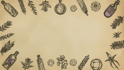 Halloween-themed background featuring beige herbs, crystals, and potion bottles, perfect for creating spooky autumnal designs and seasonal graphics.
