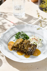 Dolma with sauce and stracciatella, bright midday lighting, overhead composition