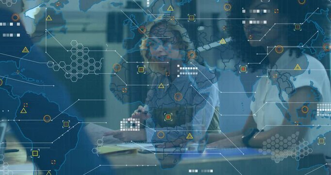 Center woman reviewing report as animated map pulsing nodes tracking global business connections