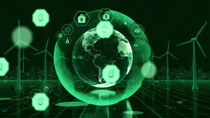 World with icons, globe. Windmills in the background show renewable energy - Powered by Adobe