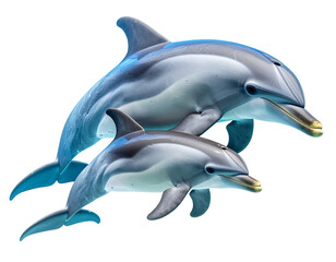 Fototapeta premium Mother Dolphin and Calf Swimming Together, isolated on a transparent background
