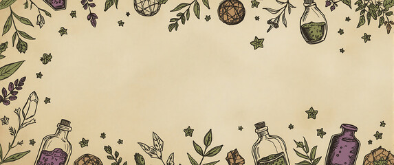 Halloween-themed background featuring beige herbs, crystals, and potion bottles, perfect for creating spooky autumnal designs and seasonal graphics.