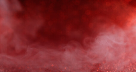 Glitter ink. Cloud fume. Defocused red crimson colorful shiny mist white vapor texture growing on...