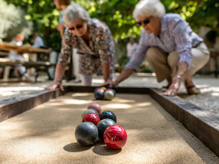 active seniors playing pã©tanque in park