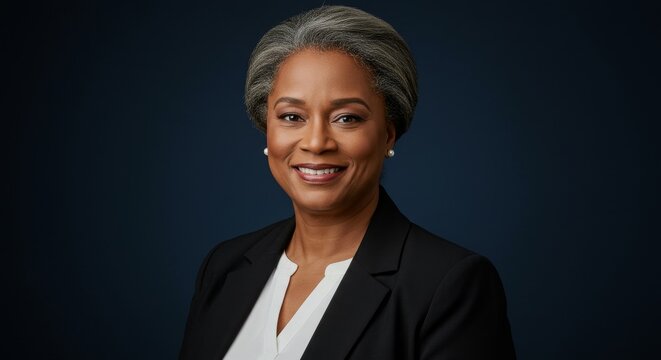 Confident Businesswoman Portrait - A smiling Black businesswoman in a black blazer and white shirt against a dark blue background. Professional headshot