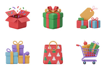 Six Colorful 3D Rendered Gift Icons Isolated on Black Backgrounds Set of Six Clean Soft Plastic Presents Shopping Bag and Cart Full HD 4K Image Download New Latest 2025 2026