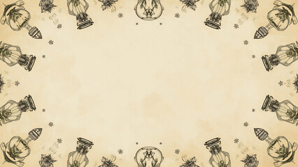 Halloween-themed background featuring beige herbs, crystals, and potion bottles, perfect for creating spooky autumnal designs and seasonal graphics.