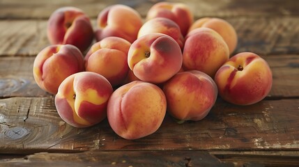A collection of peaches on a wooden table with natural light