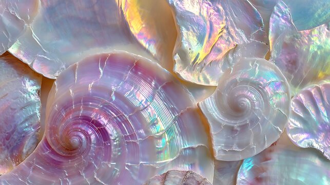 Iridescent Seashells Showing Rainbow Reflection and Swirl Detail