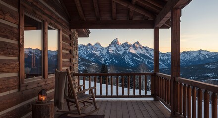 A cozy cabin porch with a rocking chair snowy mountain backdrop