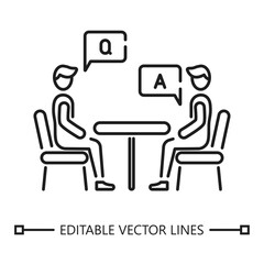 Team meeting icon. Team meeting icon depicting two colleagues discussing questions and answers at a table. Suitable for business presentations, teamwork concepts, and office related designs.