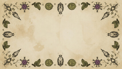 Halloween-themed background featuring beige herbs, crystals, and potion bottles, perfect for creating spooky autumnal designs and seasonal graphics.