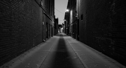 Obraz premium Dusk's Enigma: A Mysterious Alleyway - A black and white photograph depicting mystery, solitude, shadows, urban decay, and the quiet of twilight in an empty alley