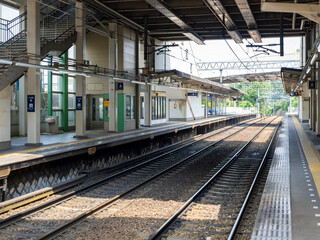 Fototapeta premium 人が居ない駅のプラットホームと線路