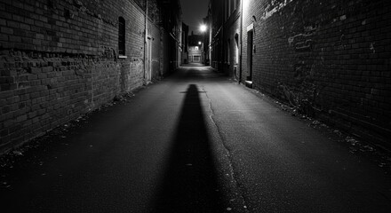 Obraz premium Dusk's Enigma: A Mysterious Shadow in an Empty Alley - A black and white photograph captures the essence of mystery, loneliness, suspense, shadows, and the unknown in a deserted alleyway at dusk
