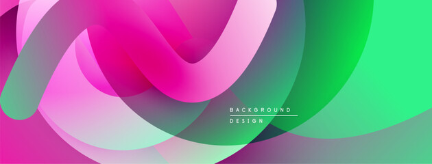 Abstract flowing shapes, vibrant pinks, greens create dynamic visual experience. Smooth gradients, modern design elements present.