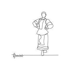 Obraz premium One continuous line drawing of France signature themes design vector illustration. France national clothes in simple linear style vector design concept. Good design tourism and travel campaign.
