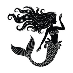 Black Silhouette Mermaid with Flowing Hair and Star Accents